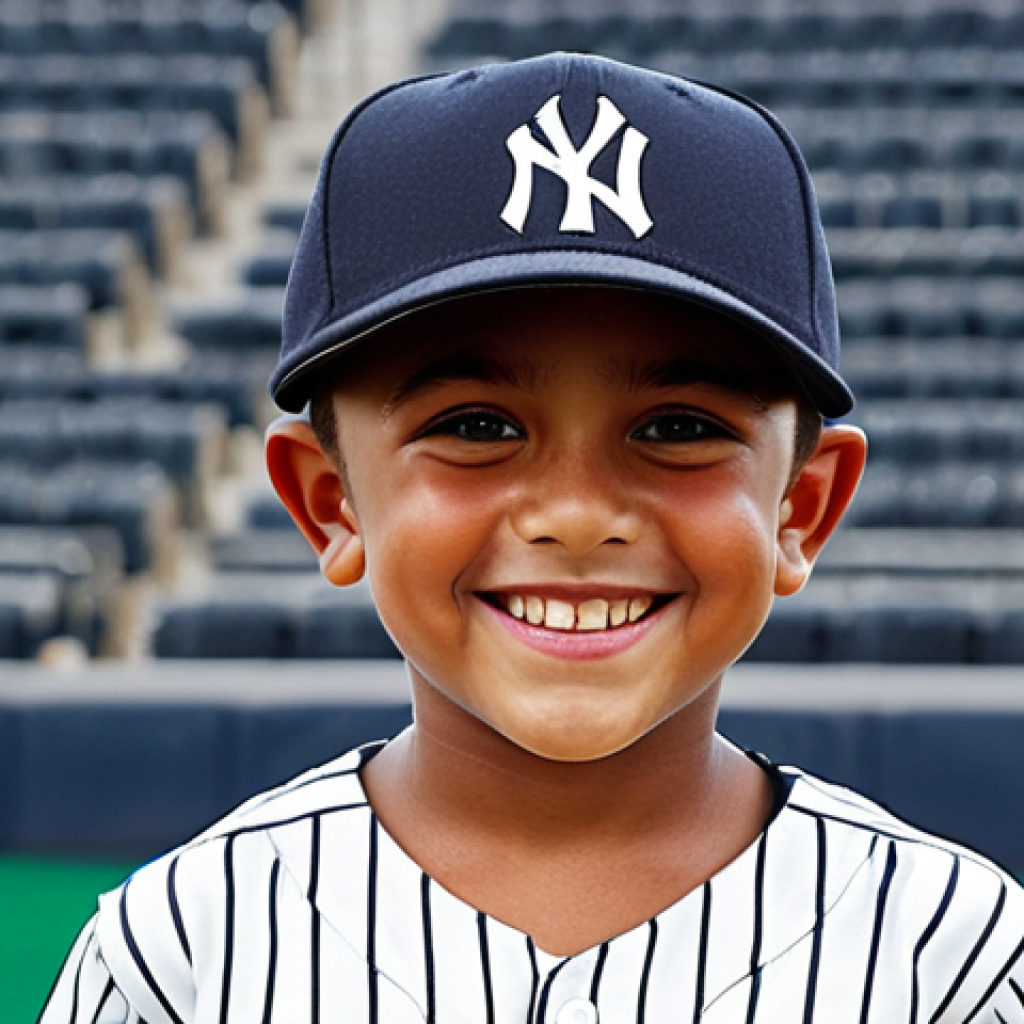 ** A young boy wearing a New York Yankees MLB Kids baseball cap, smiling confidently on a baseball field. Focus on his positive body language and the vibrant colors of the uniform.

**